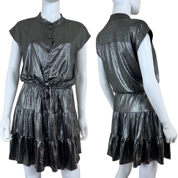 Rebecca Minkoff Ollie Women Size M Tiered Foiled Metallic Mini Dress Party Goth - Picture 1 of 15